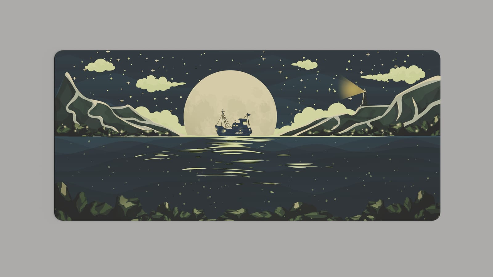 Acadia deskmat with a night sky and fishing boat illustration