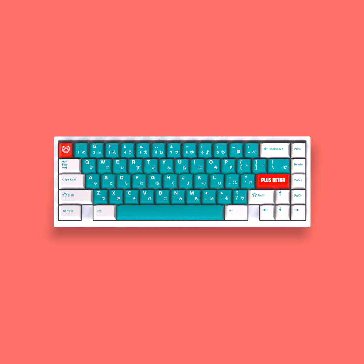 GMK Deku keycap set in teal and white with a red PLUS ULTRA novelty key