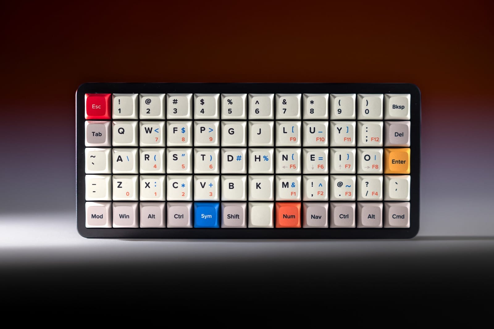 Apos x OLKB Preonic Rev 4 ortholinear keyboard with colored modifier keycaps