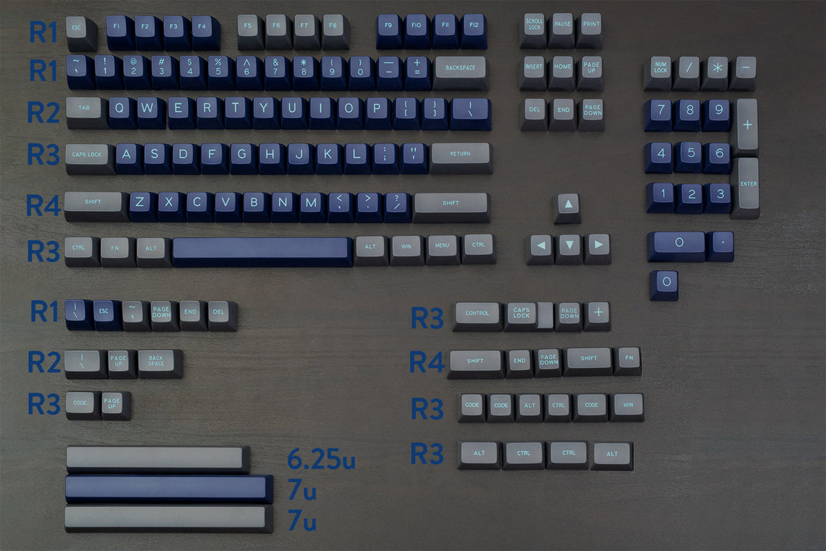 SA Calm Depths keycap set laid out in rows, showing blue and grey caps by row profile