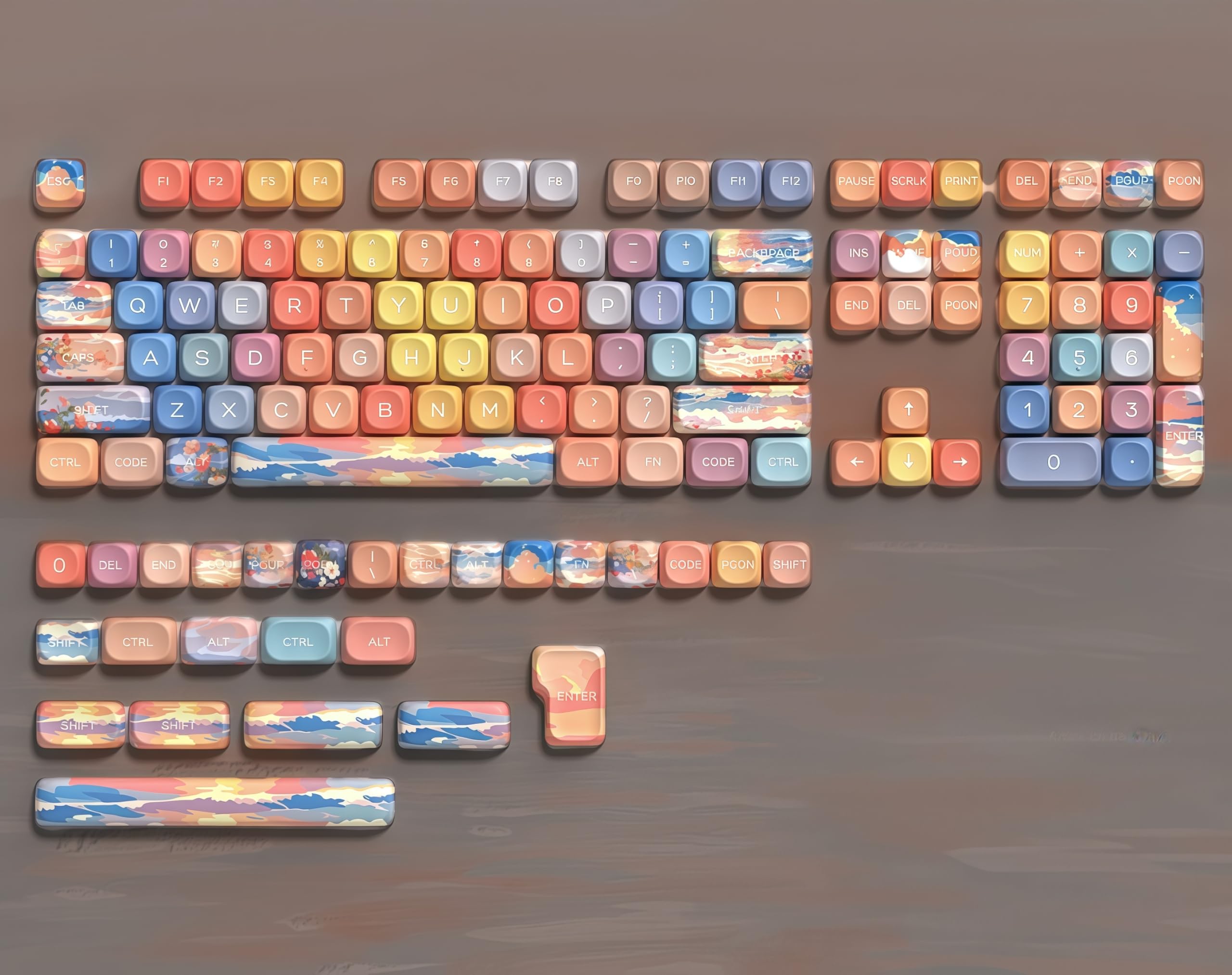 dagaladoo Sunset MOA profile PBT keycaps in coral, peach, gold and periwinkle with painted landscape novelties