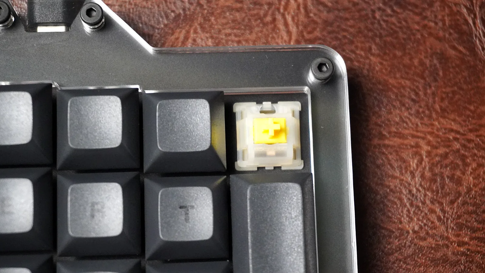 Gateron Milky Yellow Pro linear switch on the ErgoDox 76 Hot Dox V2 with the keycap removed