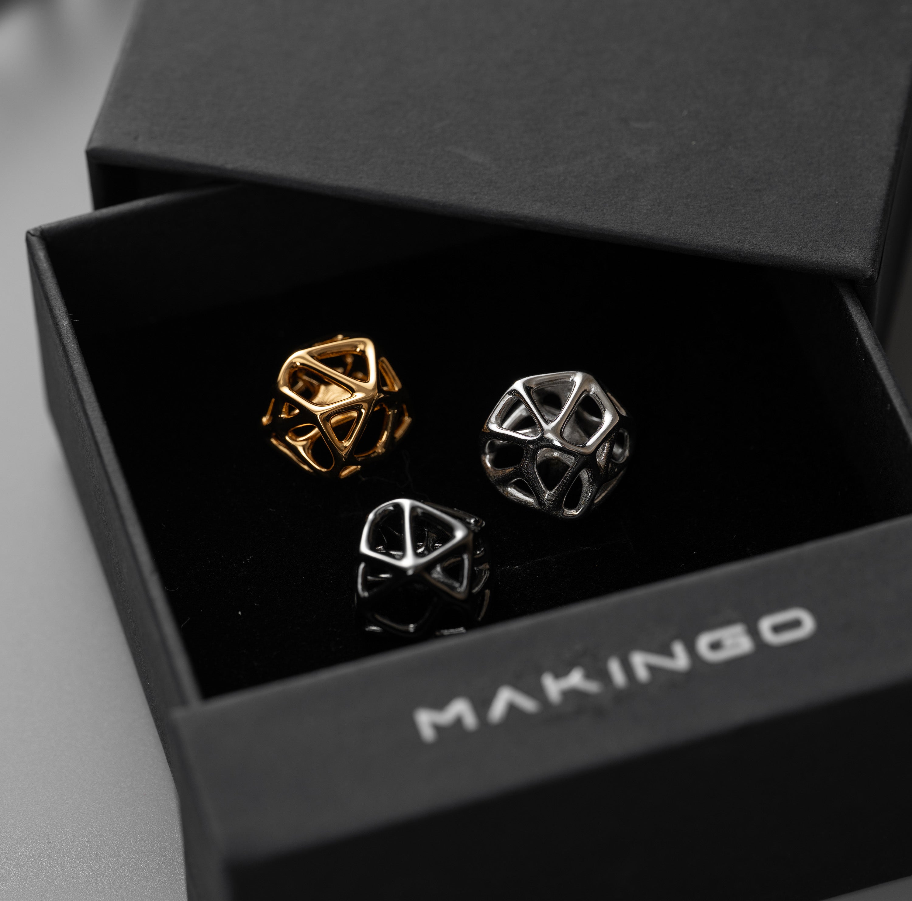 Makingo Crystal Lattice copper artisan metal keycap open cage sculpt in gold silver and black