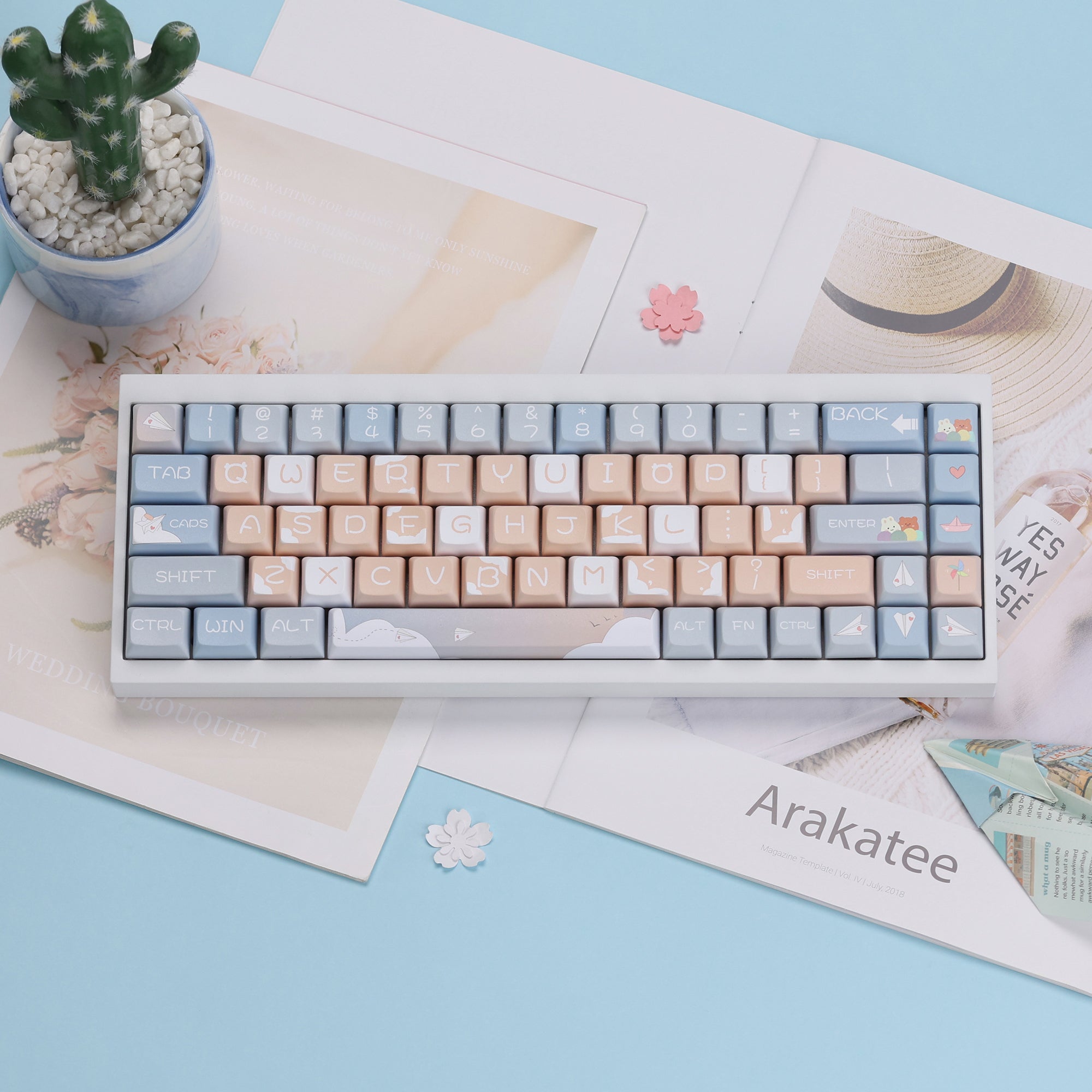 Paper Airplane XDA Profile Keycaps Set in pastel blue-gray and peach